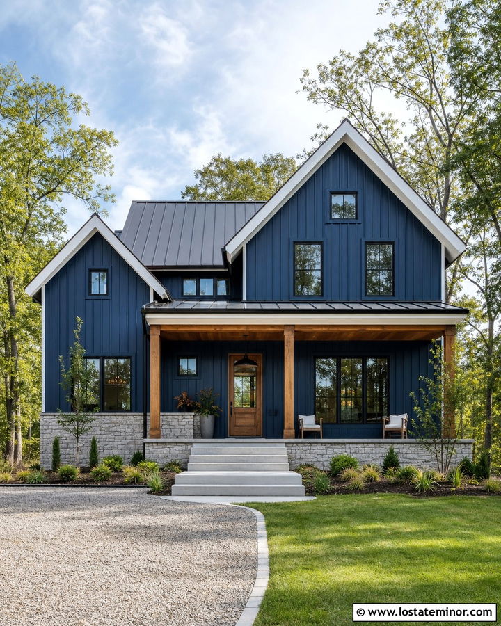 Midnight Blue Board and Batten With a Metal Roof - 30 Midnight Blue House Design With Board and Batten Ideas