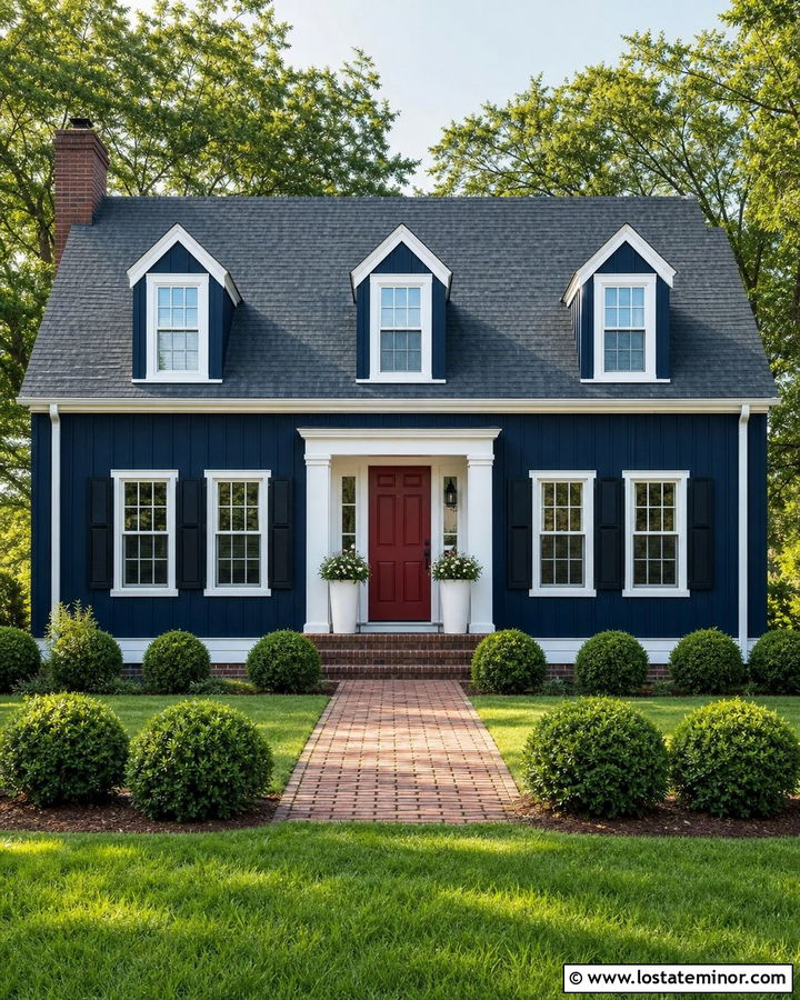Midnight Blue Board and Batten With a Red Front Door - 30 Midnight Blue House Design With Board and Batten Ideas