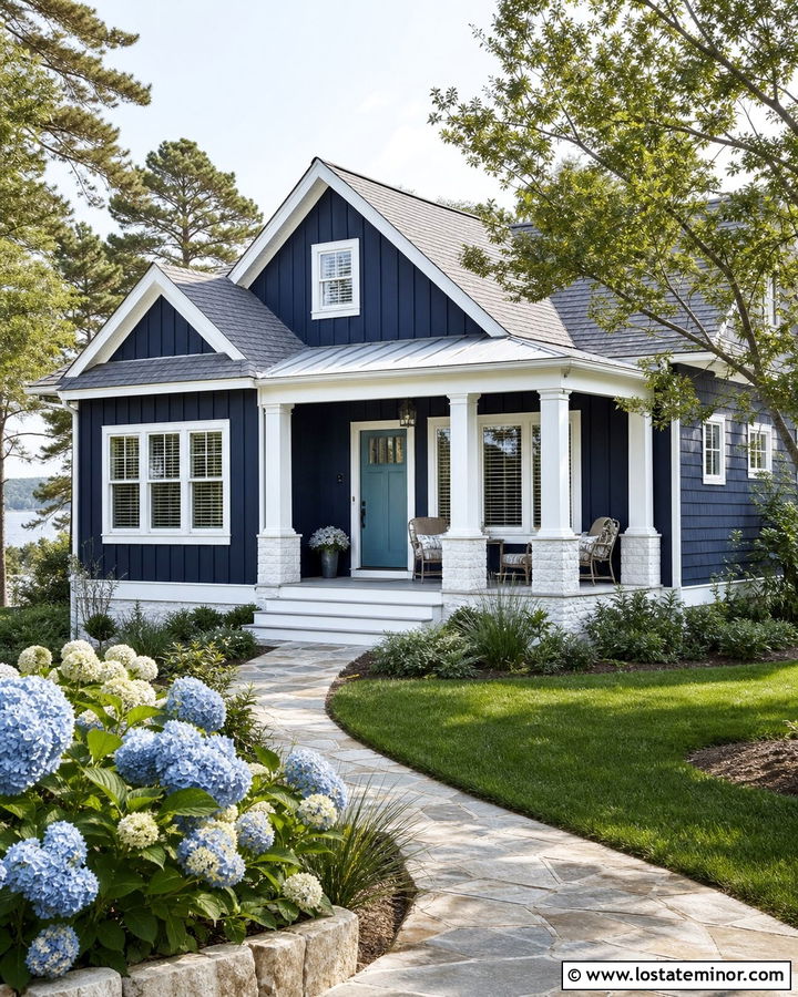 Midnight Blue Board and Batten With a Teal Front Door - 30 Midnight Blue House Design With Board and Batten Ideas
