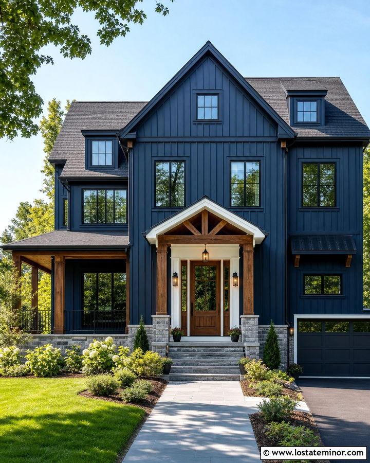 Midnight Blue Board and Batten With a Wood Front Door - 30 Midnight Blue House Design With Board and Batten Ideas