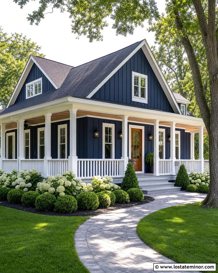 Midnight Blue Board and Batten With a Wraparound Porch - 30 Midnight Blue House Design With Board and Batten Ideas