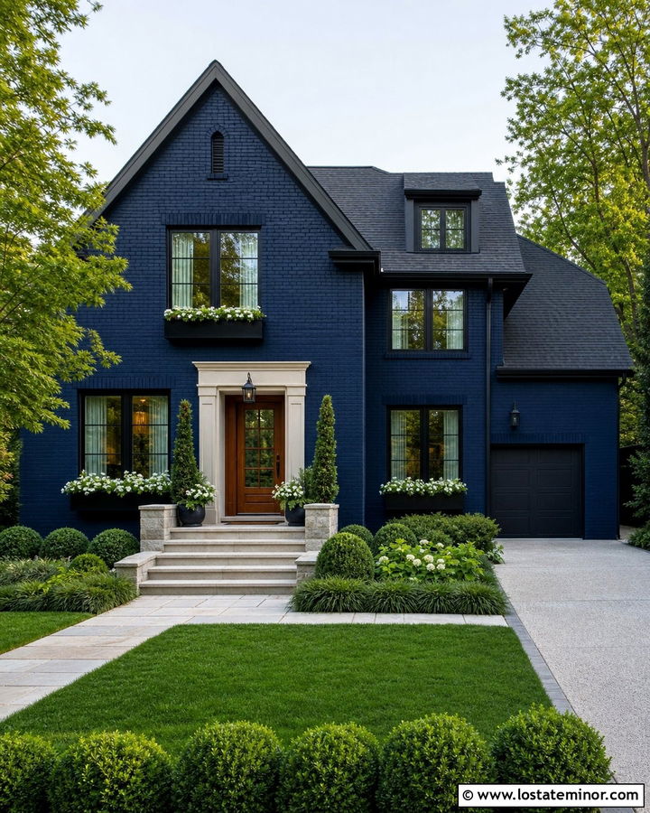 Midnight Blue Brick House With Black Window Boxes - 30 Midnight Blue House Design With Window Boxes Ideas