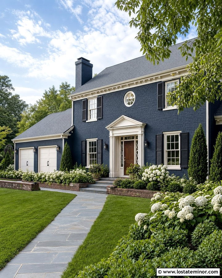 Midnight Blue Brick House With Hydrangea Border - 30 Midnight Blue House Design With Front Yard Ideas