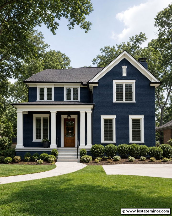 Midnight Blue Brick House With Painted Porch Columns - 30 Midnight Blue House Design With Porch Columns Ideas
