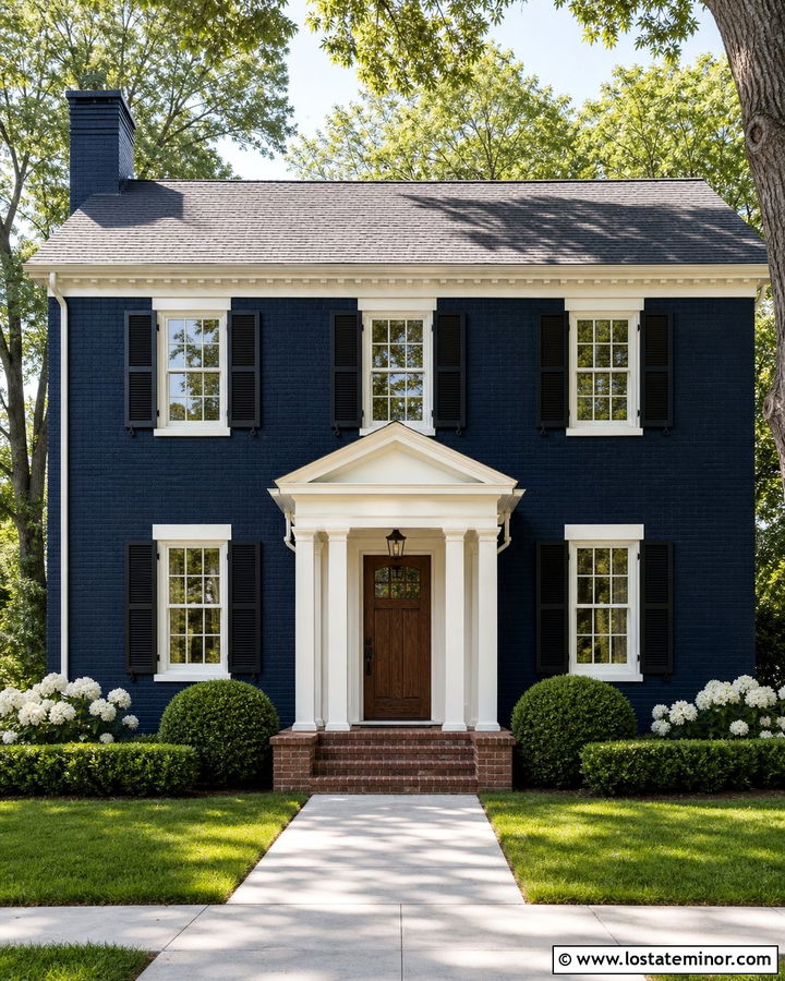 Midnight Blue Brick House With Painted Portico - 30 Midnight Blue House Design With Portico Ideas