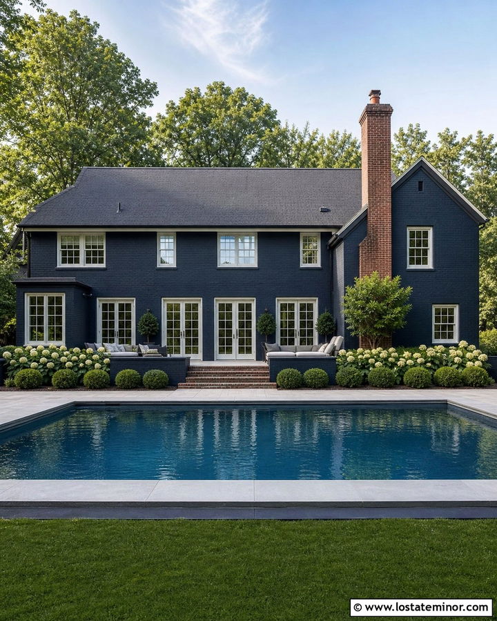 Midnight Blue Brick House With Pool And White Windows - 30 Midnight Blue House Design With Swimming Pool Ideas