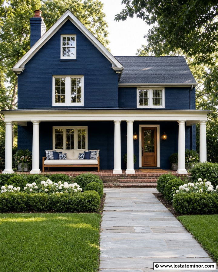 Midnight Blue Brick House With Porch Daybed - 30 Midnight Blue House Design With Daybed Ideas