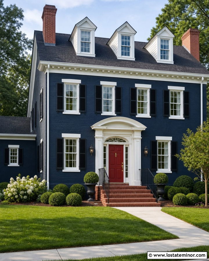 Midnight Blue Brick House With Red Entry Door - 30 Midnight Blue House Design With Entry Door Ideas