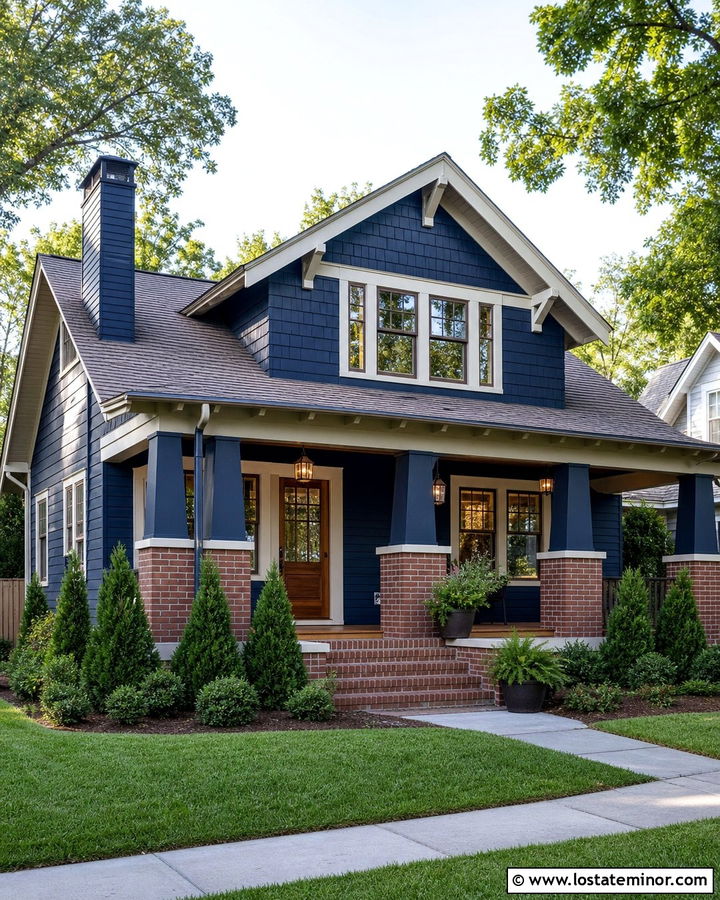 Midnight Blue Bungalow With Brick Porch Columns - 30 Midnight Blue House Design With Porch Columns Ideas