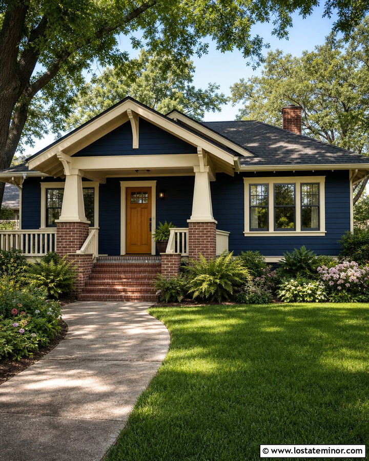 Midnight Blue Bungalow With Brick Portico - 30 Midnight Blue House Design With Portico Ideas
