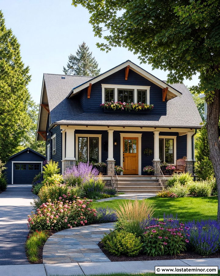 Midnight Blue Bungalow With Cottage Garden Landscaping - 30 Midnight Blue House Design With Landscaping Ideas
