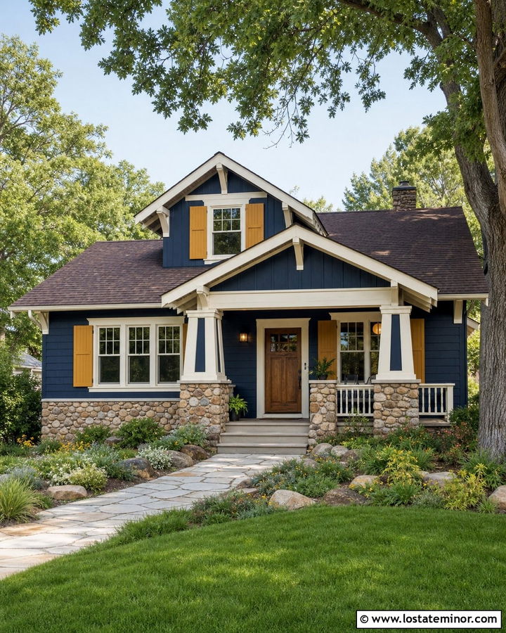Midnight Blue Bungalow With Mustard Shutters - 30 Midnight Blue House Design With Shutters Ideas