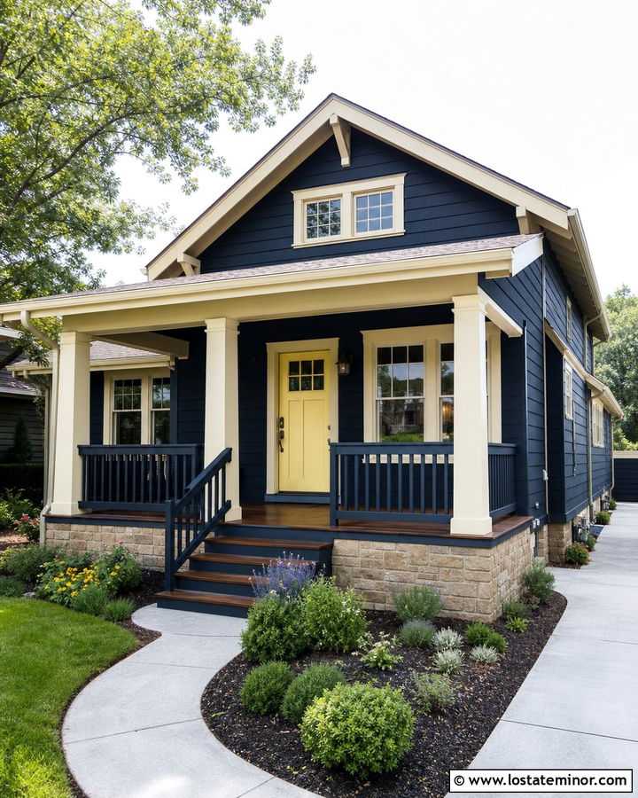 Midnight Blue Bungalow With Pale Yellow Entry Door - 30 Midnight Blue House Design With Entry Door Ideas