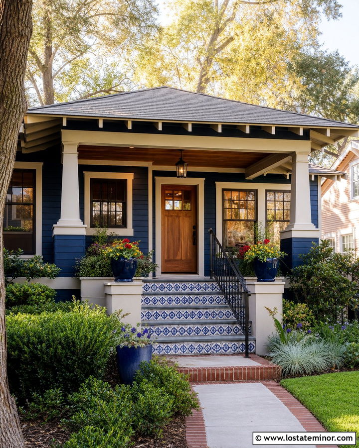 Midnight Blue Bungalow With Patterned Tile Steps - 30 Midnight Blue House Design With Steps Ideas