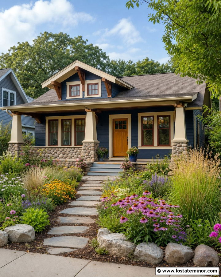 Midnight Blue Bungalow With Pollinator Front Garden - 30 Midnight Blue House Design With Front Yard Ideas