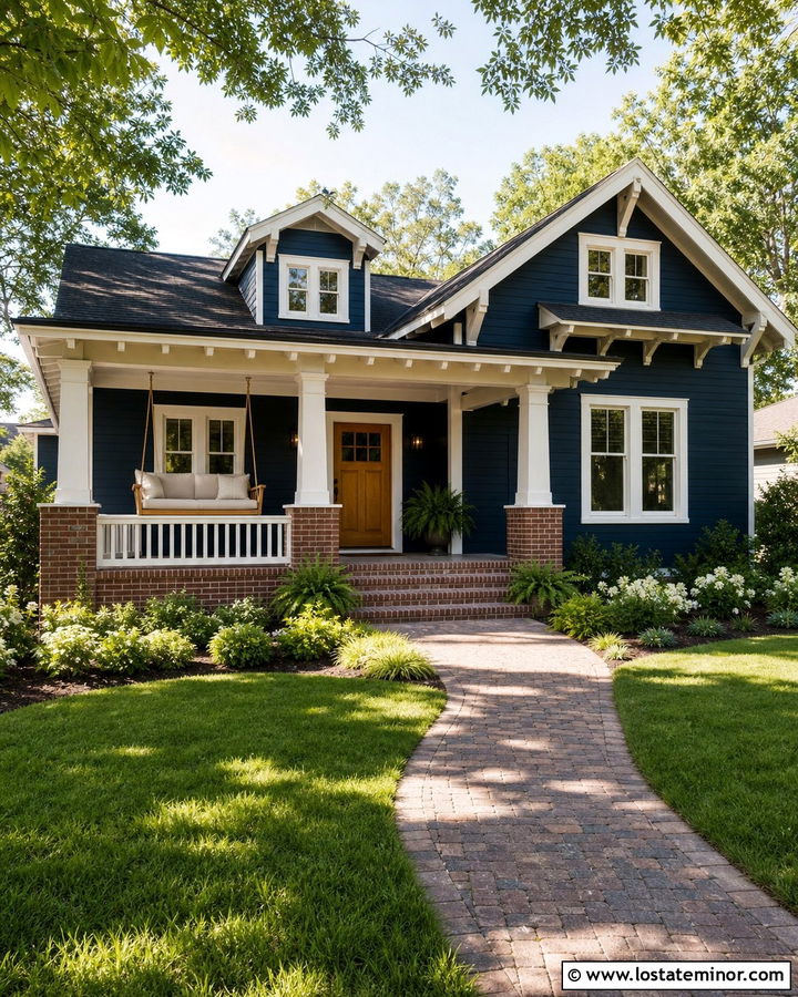 Midnight Blue Bungalow With Porch Bed Swing - 30 Midnight Blue House Design With Swing Ideas