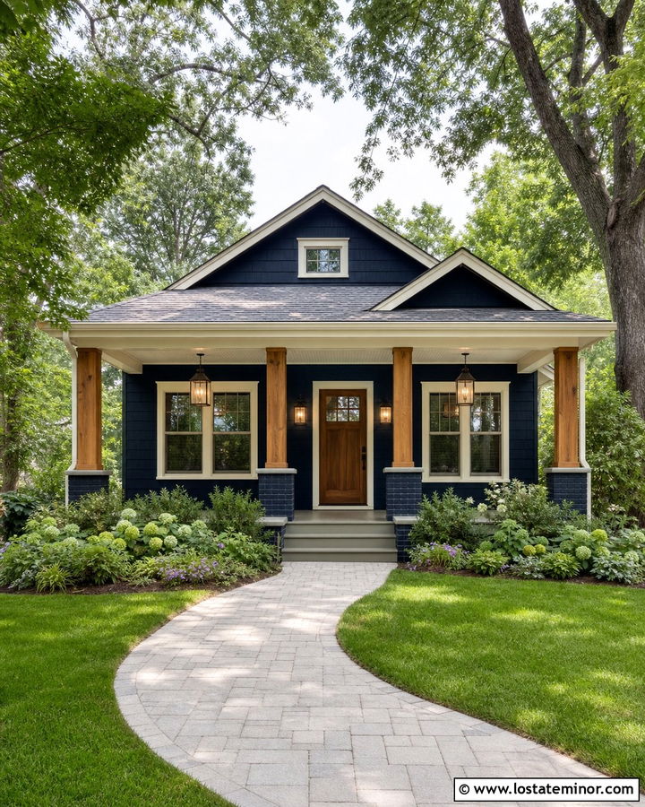 Midnight Blue Bungalow With Porch Pendants - 30 Midnight Blue House Design With Lighting Ideas