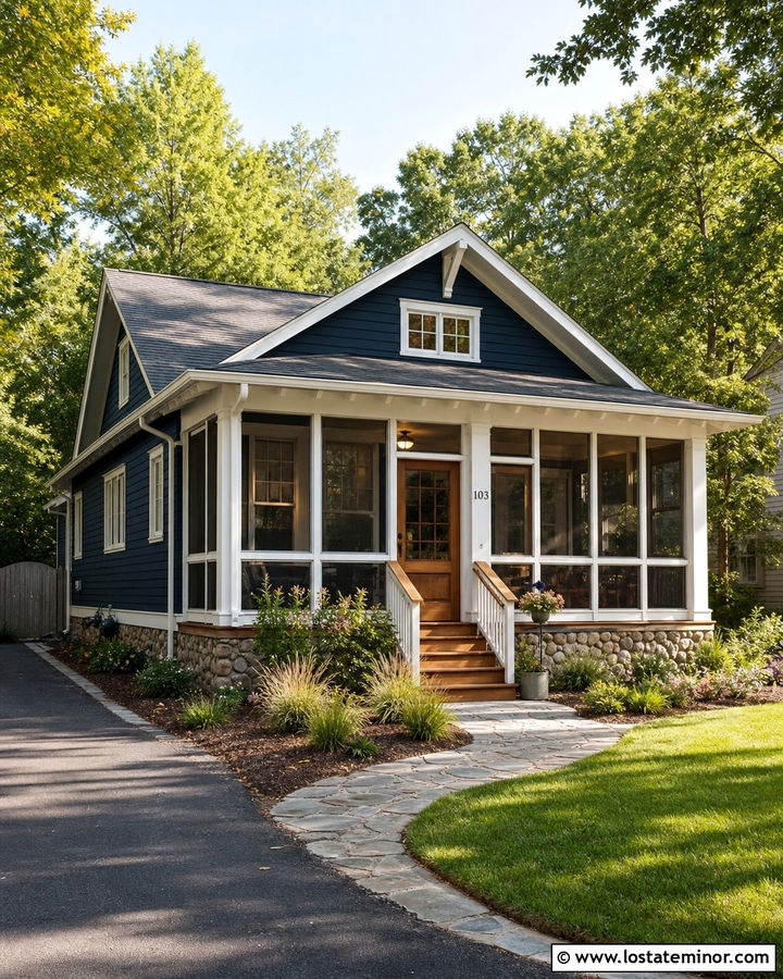 Midnight Blue Bungalow With Screened Sunroom - 30 Midnight Blue House Design With Sunroom Ideas