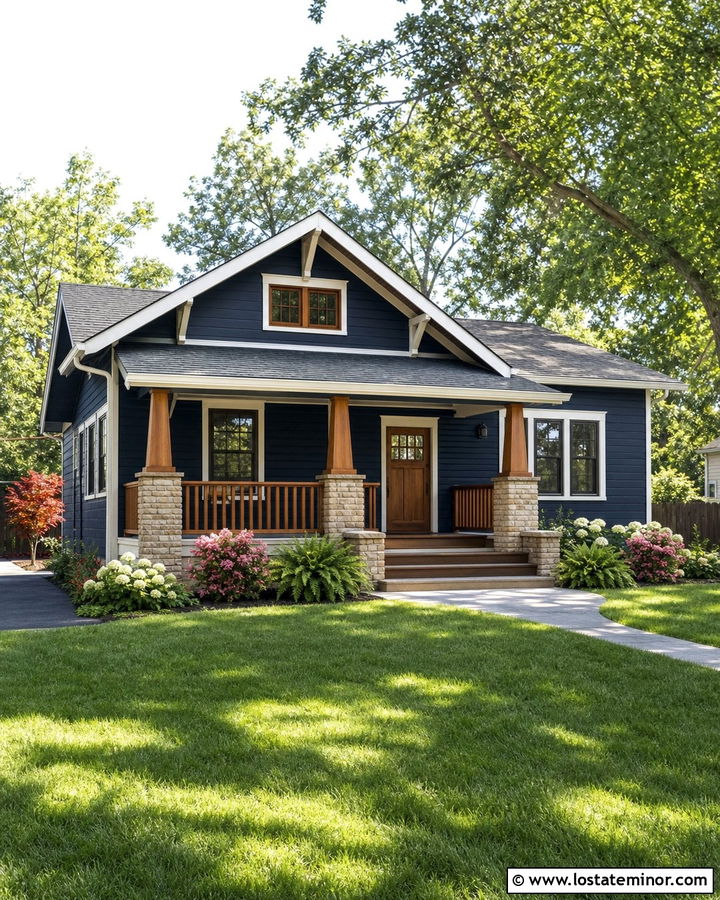 Midnight Blue Bungalow With Stained Wood Railings - 30 Midnight Blue House Design With Railings Ideas
