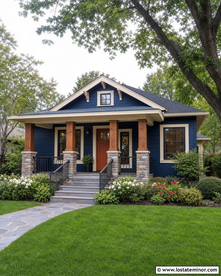 Midnight Blue Bungalow With Stone Porch Columns - 30 Midnight Blue House Design With Front Porch Ideas