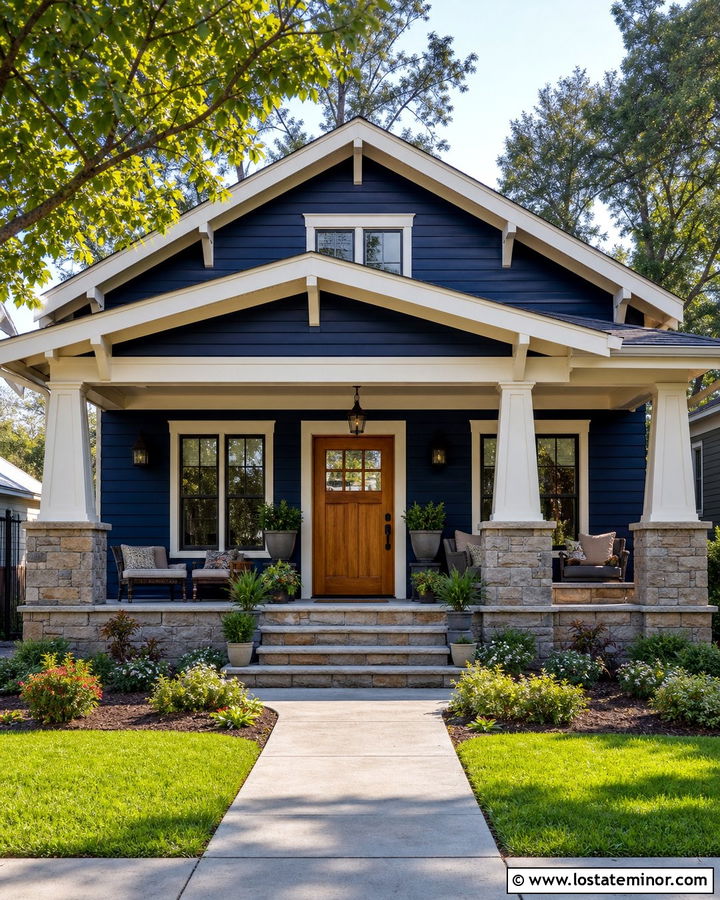 Midnight Blue Bungalow With Stone Porch - 30 Midnight Blue House Design With Stone Accents Ideas