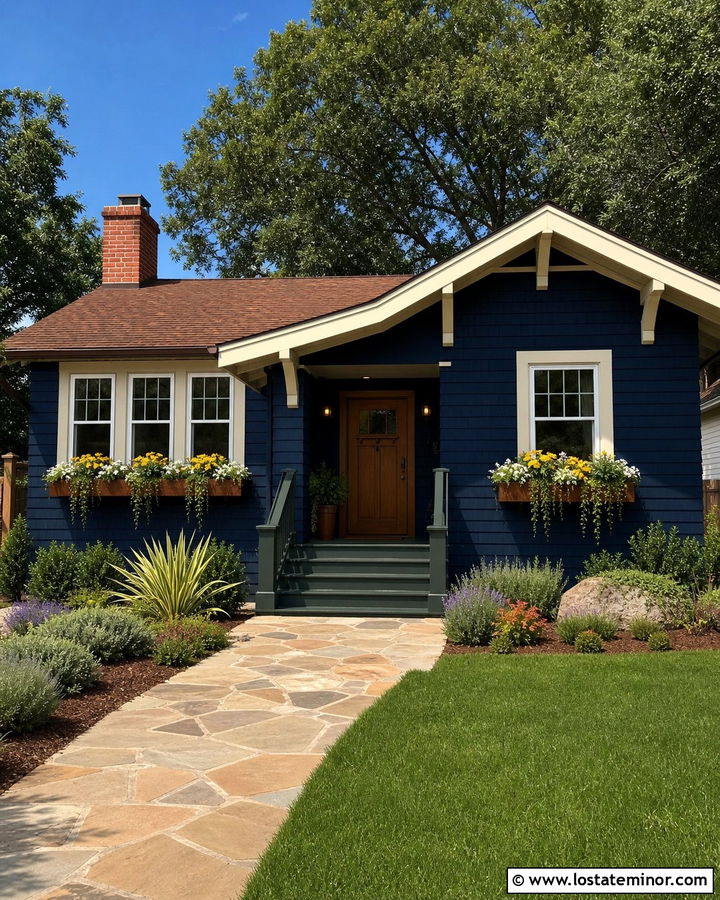 Midnight Blue Bungalow With Terracotta Window Boxes - 30 Midnight Blue House Design With Window Boxes Ideas