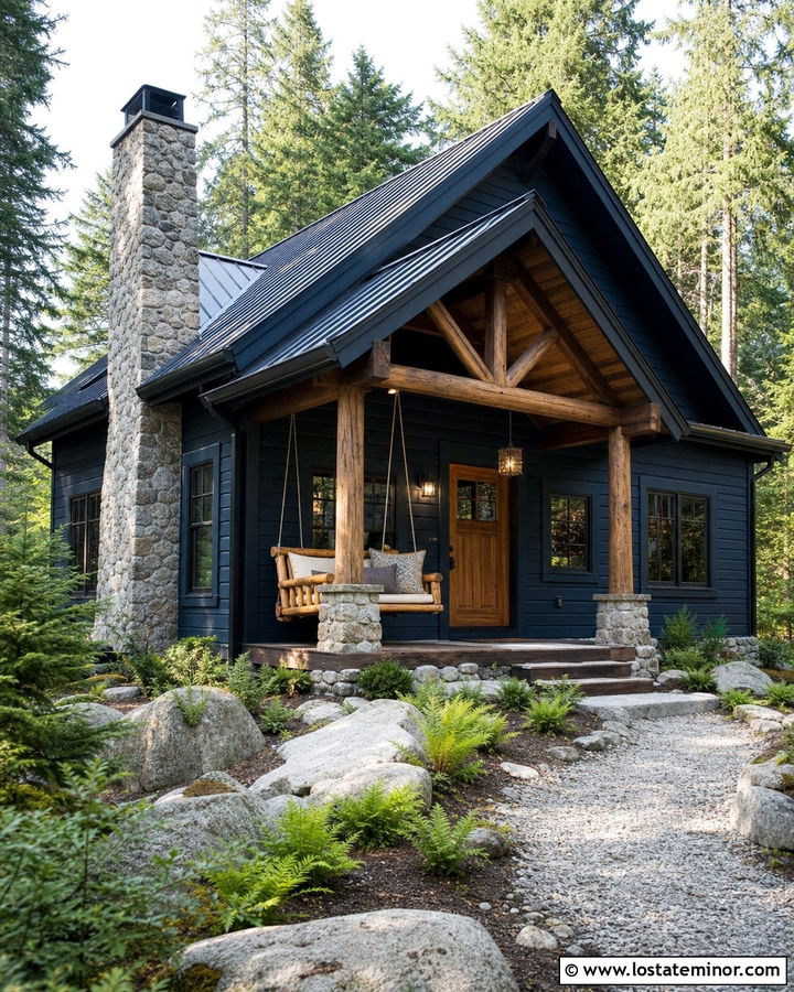 Midnight Blue Cabin With Log Porch Swing - 30 Midnight Blue House Design With Swing Ideas