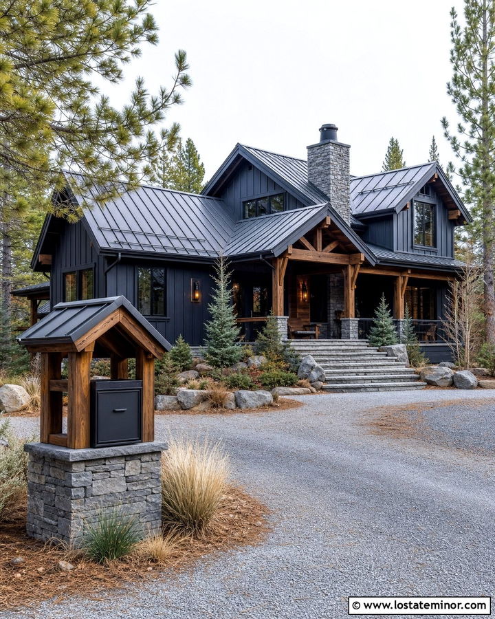 Midnight Blue Cabin With Timber Mailbox Shelter - 30 Midnight Blue House Design With Mailbox Ideas