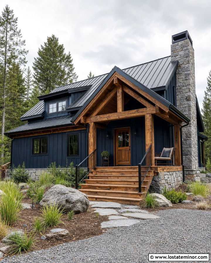 Midnight Blue Cabin With Timber Steps - 30 Midnight Blue House Design With Steps Ideas