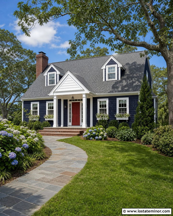Midnight Blue Cape Cod House With Gabled Portico - 30 Midnight Blue House Design With Portico Ideas