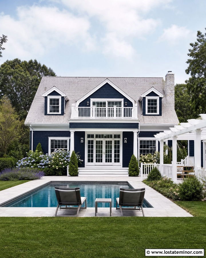 Midnight Blue Cape Cod House With Pool Pergola - 30 Midnight Blue House Design With Swimming Pool Ideas