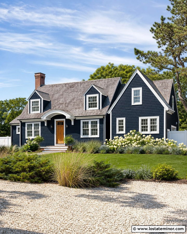 Midnight Blue Cape Cod With Coastal Landscaping - 30 Midnight Blue House Design With Landscaping Ideas