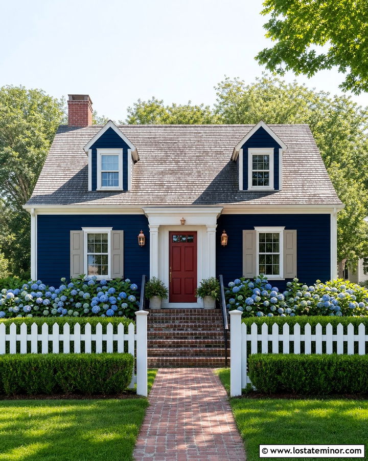 Midnight Blue Cape Cod With Greige Shutters - 30 Midnight Blue House Design With Shutters Ideas