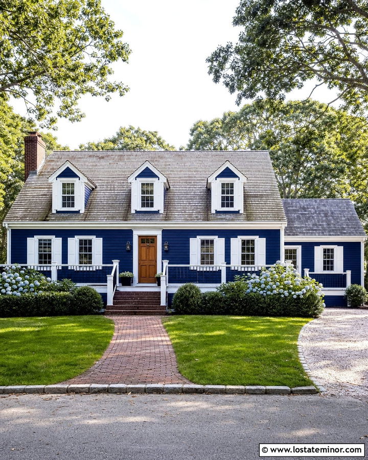 Midnight Blue Cape Cod With Matching Blue Railings - 30 Midnight Blue House Design With Railings Ideas