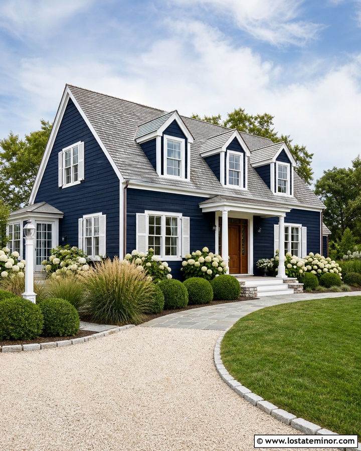 Midnight Blue Cape Cod With Shell Gravel Driveway - 30 Midnight Blue House Design With Driveway Ideas