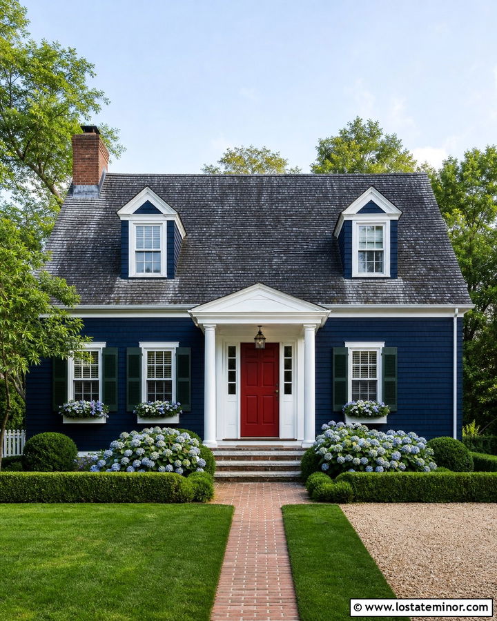 Midnight Blue Cape Cod With Slim White Porch Columns - 30 Midnight Blue House Design With Porch Columns Ideas
