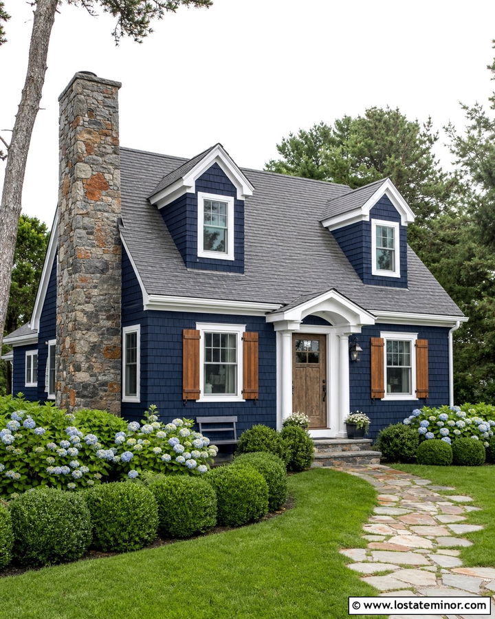 Midnight Blue Cape Cod With Stone Chimney - 30 Midnight Blue House Design With Stone Accents Ideas