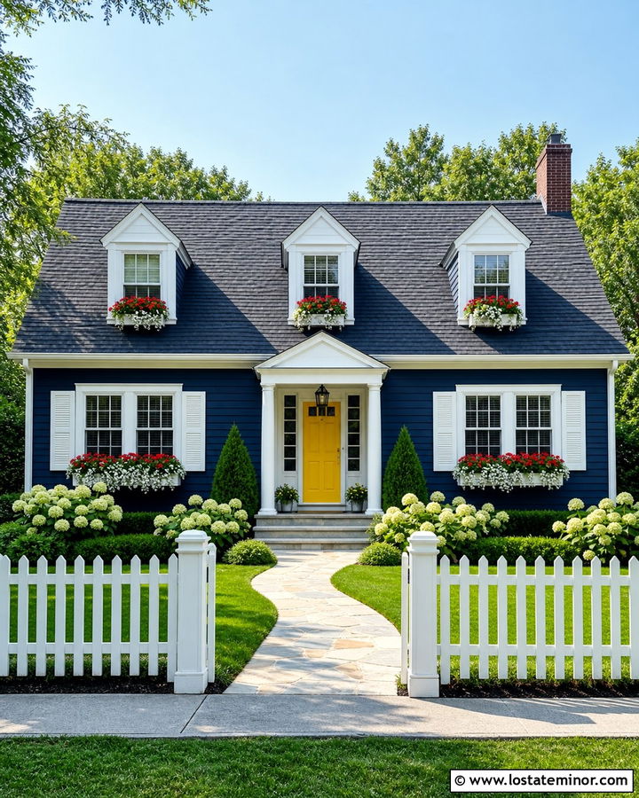 Midnight Blue Cape Cod With White Flower Boxes - 30 Midnight Blue House Design With Window Boxes Ideas
