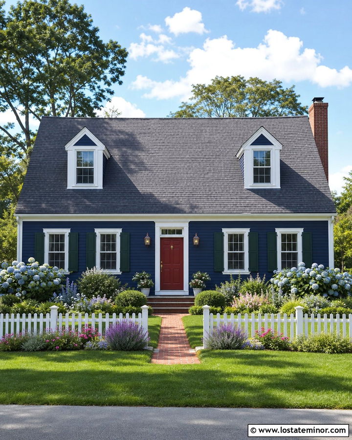 Midnight Blue Cape Cod With White Picket Fence - 30 Midnight Blue House Design With Front Yard Ideas