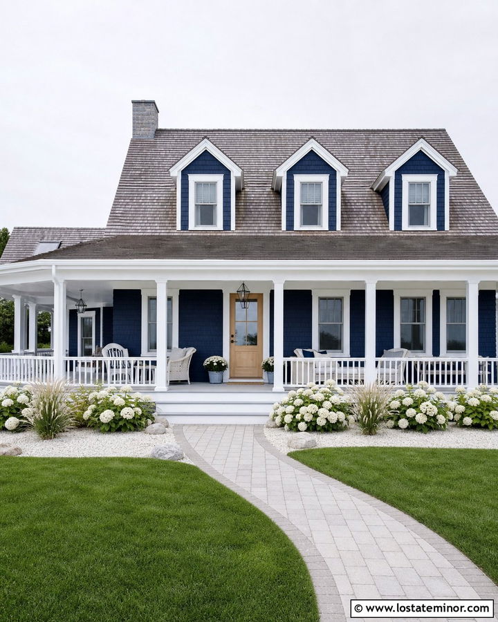 Midnight Blue Cape Cod With Wraparound Porch - 30 Midnight Blue House Design With Front Porch Ideas