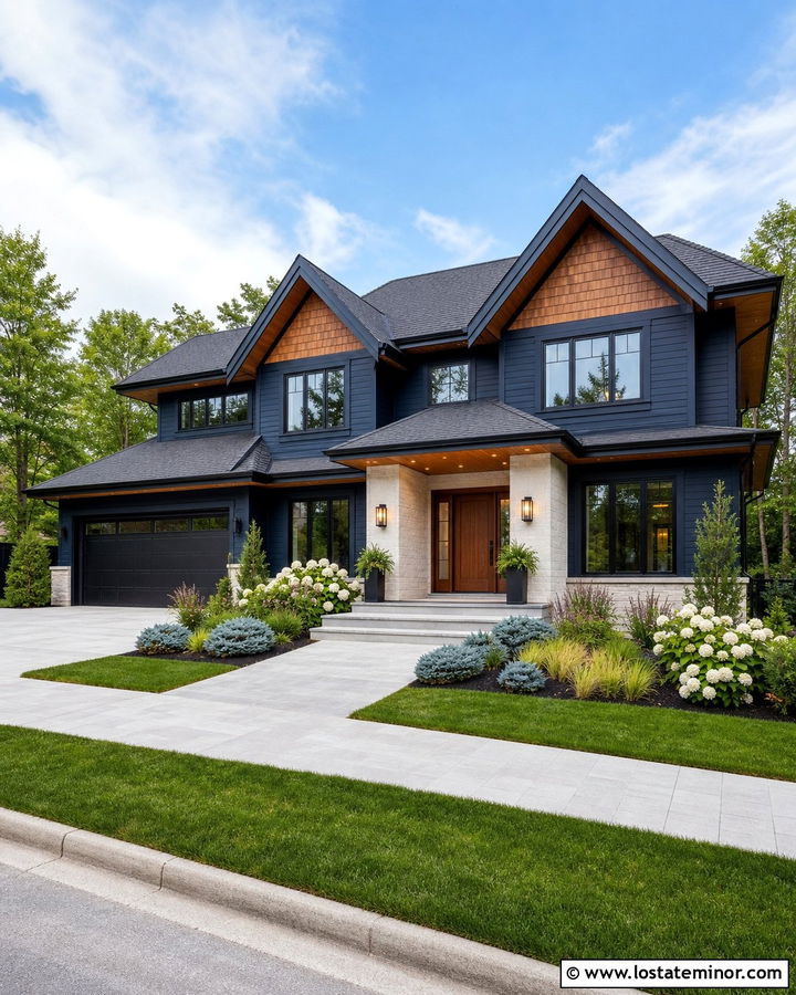 Midnight Blue Cedar Shake House With Black Windows - 30 Midnight Blue House Design With Cedar Shake Ideas