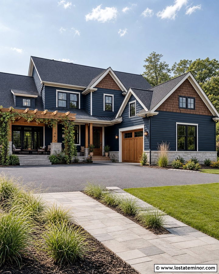 Midnight Blue Cedar Shake House With Cedar Pergola - 30 Midnight Blue House Design With Cedar Shake Ideas