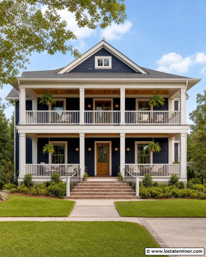 Midnight Blue Cedar Shake House With Double Porch - 30 Midnight Blue House Design With Cedar Shake Ideas