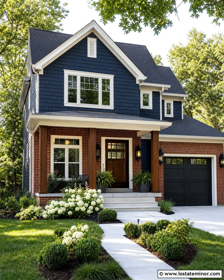 Midnight Blue Cedar Shake House With Red Brick - 30 Midnight Blue House Design With Cedar Shake Ideas