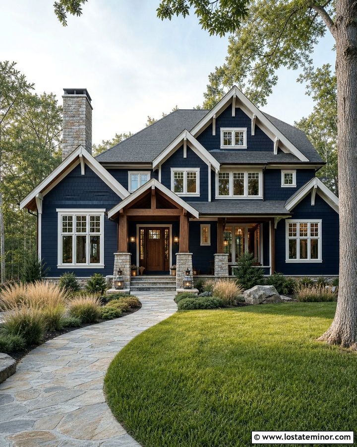 Midnight Blue Cedar Shake House With Stone - 30 Midnight Blue House Design With Cedar Shake Ideas