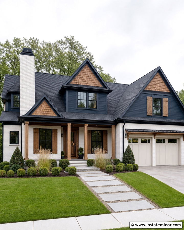 Midnight Blue Cedar Shake House With White Brick - 30 Midnight Blue House Design With Cedar Shake Ideas