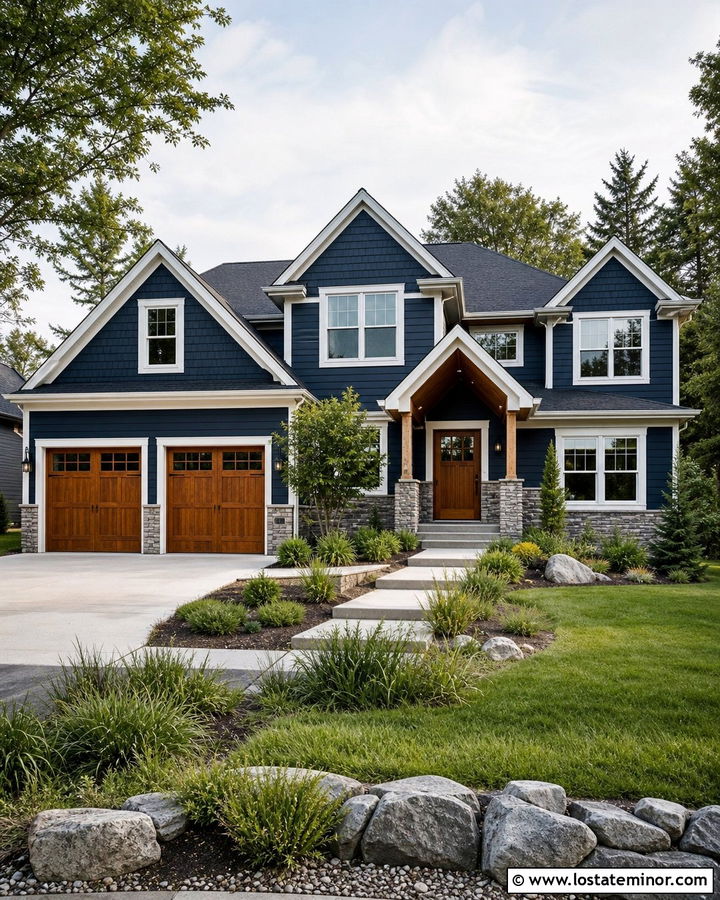 Midnight Blue Cedar Shake House With Wood Garage Doors - 30 Midnight Blue House Design With Cedar Shake Ideas