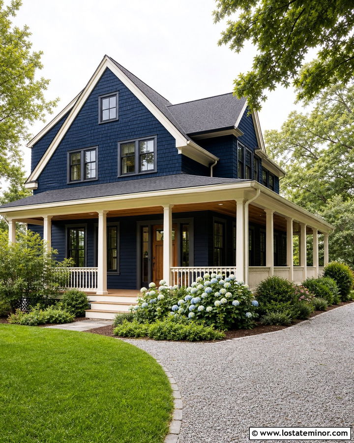 Midnight Blue Cedar Shake House With Wraparound Porch - 30 Midnight Blue House Design With Cedar Shake Ideas