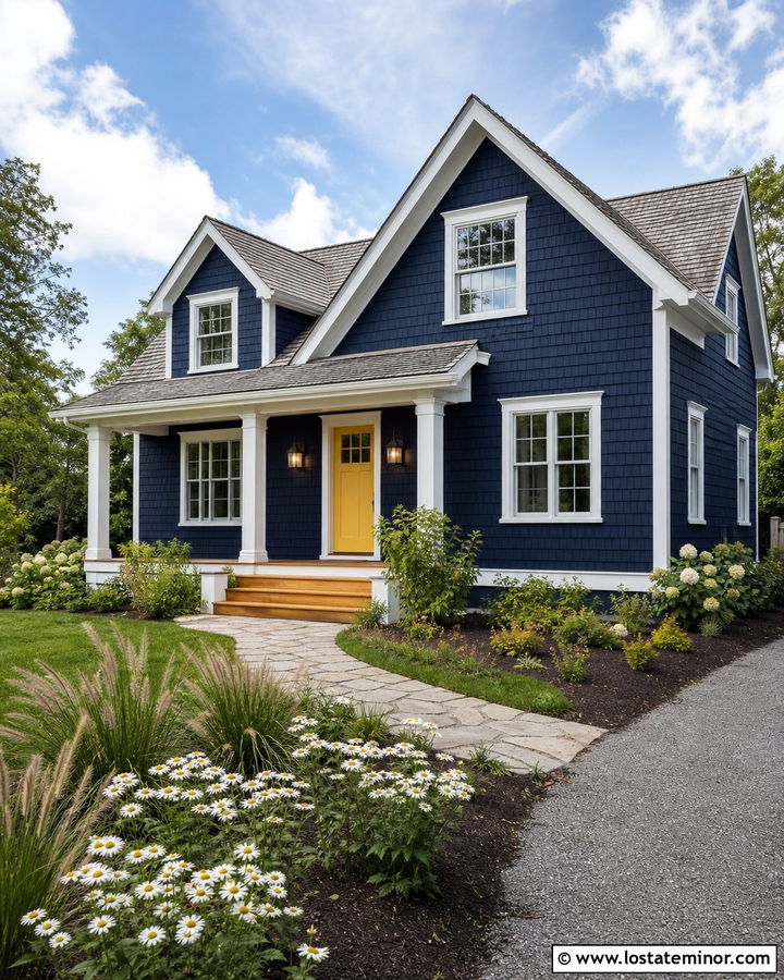 Midnight Blue Cedar Shake House With Yellow Door - 30 Midnight Blue House Design With Cedar Shake Ideas