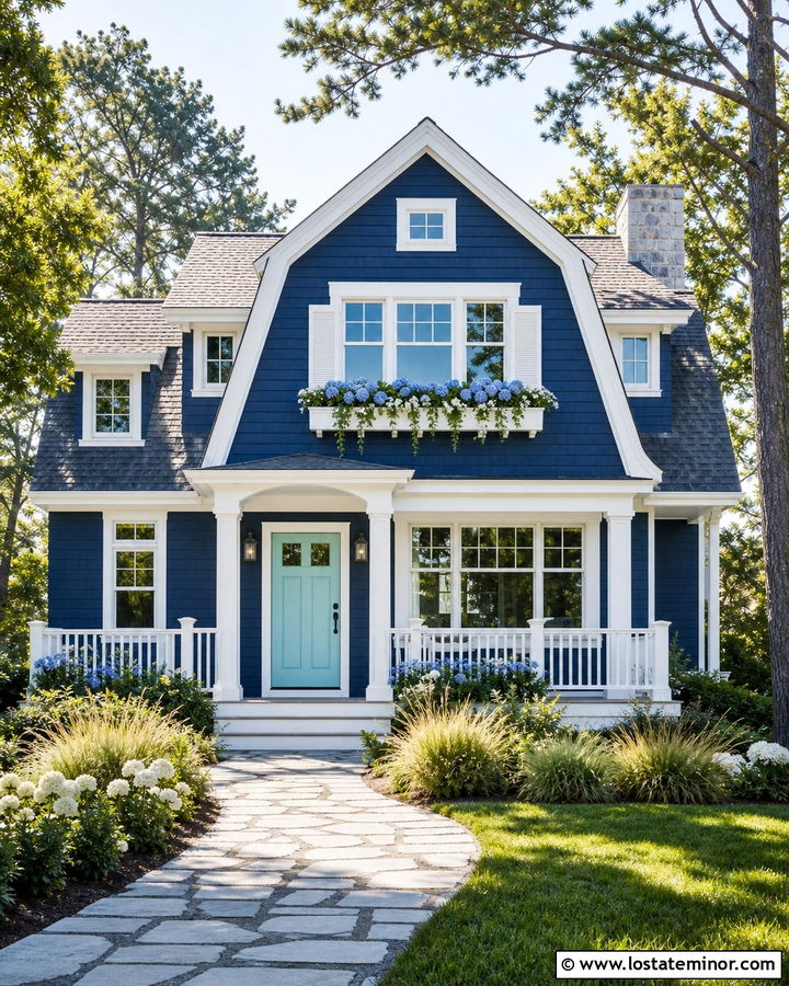 Midnight Blue Coastal Cottage With White Window Boxes - 30 Midnight Blue House Design With Window Boxes Ideas